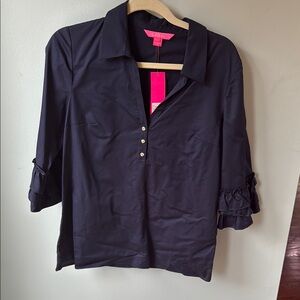 Lilly Pulitzer Blue and Pink Ruffled Button Down Shirt